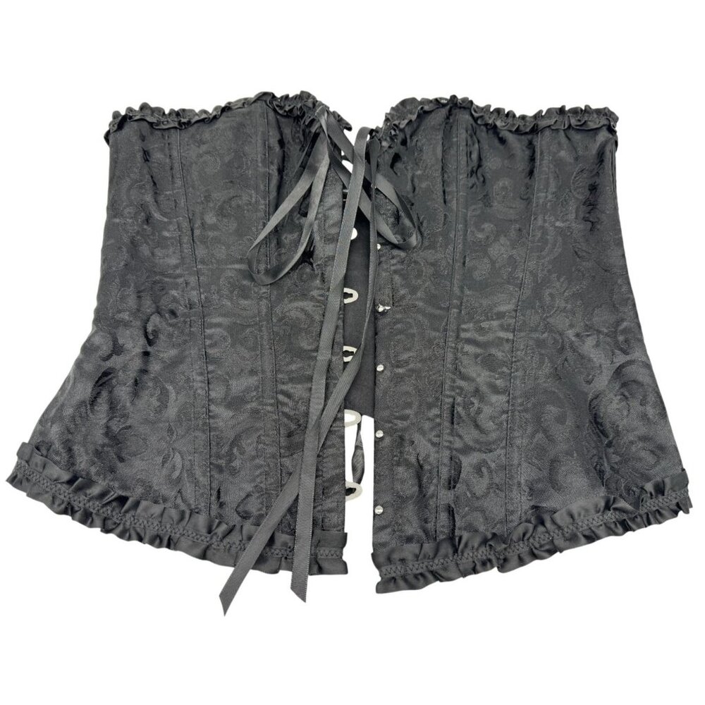 Womens Overbust Corset Top Large Black Lace-Up Ruffle Victorian Goth Stretch